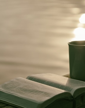 green ceramic mug beside book