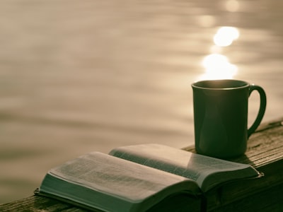 green ceramic mug beside book peaceful teams background