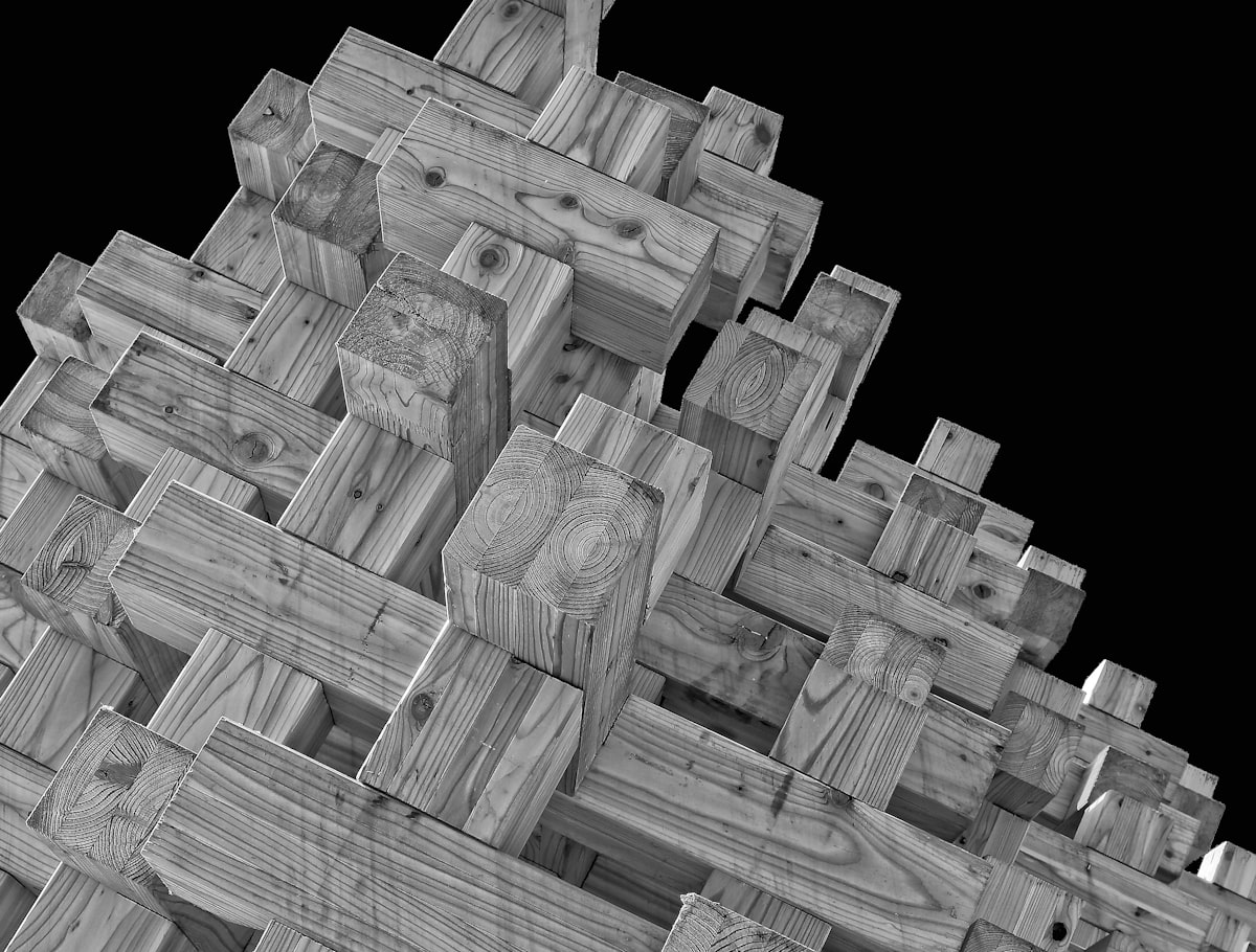 An interlocking lattice of wooden beams against a black background, fitted-strengths register