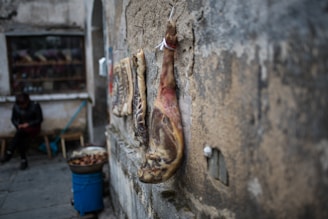 Several pieces of cured meat are hanging against an old, textured wall. A blue barrel and various items sit on the ground nearby. A person appears to be sitting in the background, partially obscured by shadows.