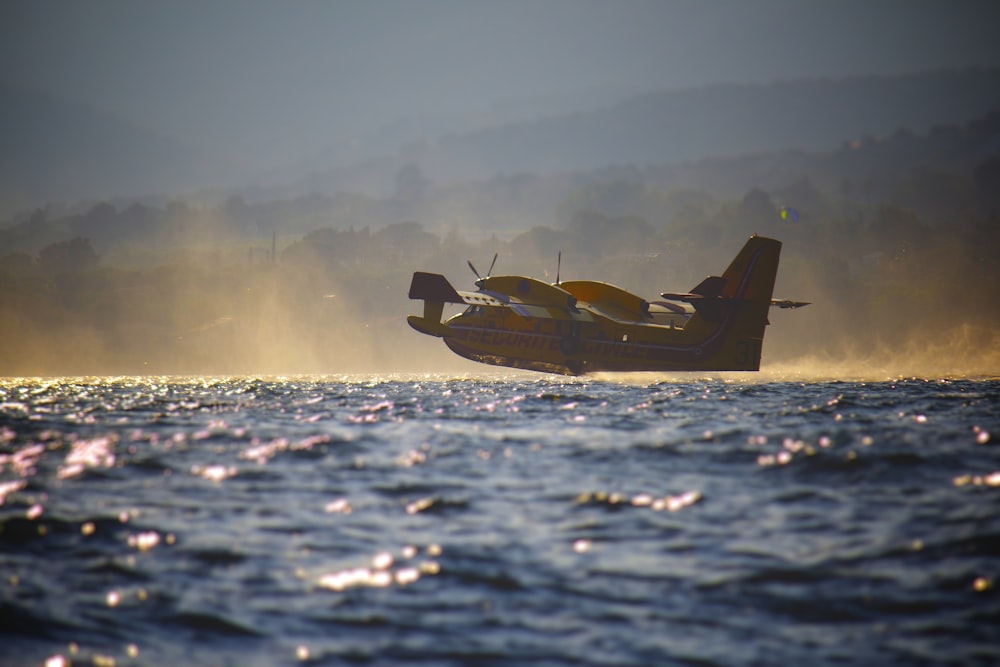 昼間、水上付近の低空を飛行する飛行艇の低角度撮影