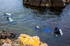 Three divers equipped with scuba gear are swimming near rocky cliffs in a body of water. The surface of the water reflects the surrounding rocks and sky. One diver is more visible with bright blue flippers.