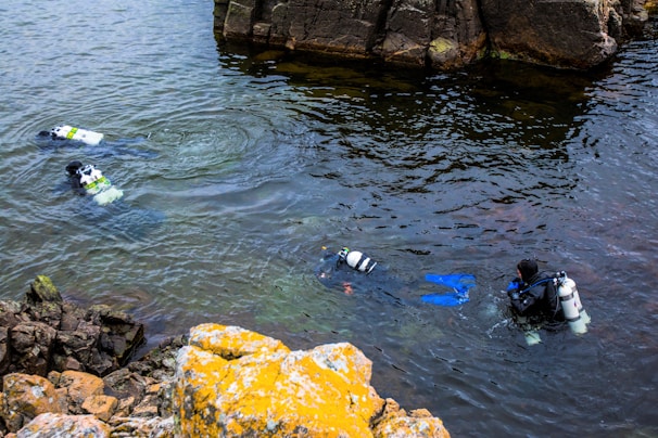 Three divers equipped with scuba gear are swimming near rocky cliffs in a body of water. The surface of the water reflects the surrounding rocks and sky. One diver is more visible with bright blue flippers.