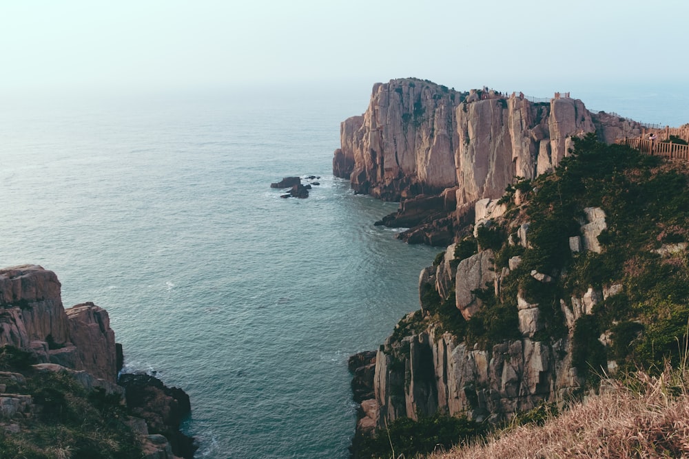 Formation rocheuse grise et verte près de la mer pendant la journée