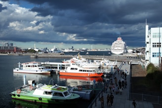 A vibrant harbor scene in Antsiranana with cruise ships docked and tourists ready for shore excursions.