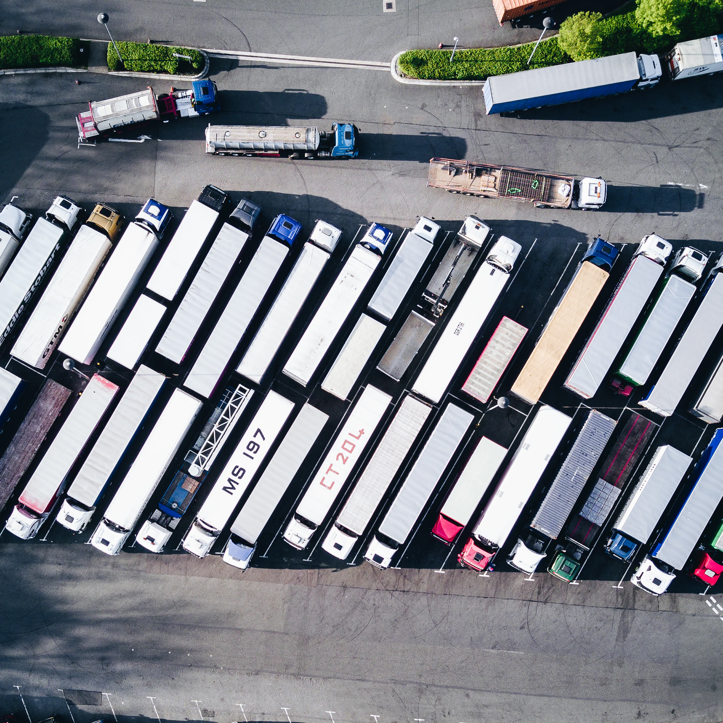 Aerial view of a commercial freight truck fleet