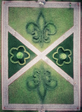 An aerial view of a landscaped garden featuring symmetrical patterns of grass and hedges in the shape of fleur-de-lis symbols. Pathways intersect, forming a large X, and small figures are visible, walking along the paths.