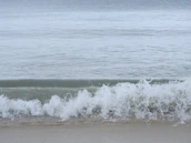 Gentle waves touching a sandy shore under a calm, cloudy sky.