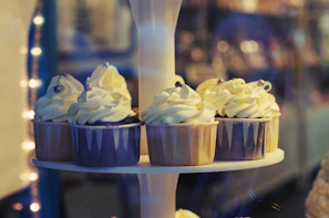 Minimalist display of elegant terracotta-colored cupcakes topped with light frosting against a clean white background.
