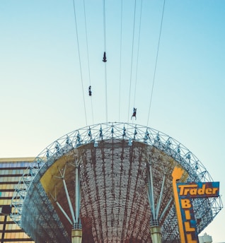 Three individuals are ziplining across the sky above a large, intricately designed metal structure with a curved canopy. The architecture appears modern with visible support beams and a mosaic-like pattern. In the foreground, a colorful sign with the words 'Trader Bill' is partially visible against a clear, pale blue sky.