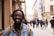 selective focus of man smiling near building