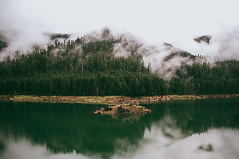 smoke covered mountain near body of water