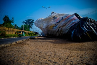 A clean cement road stretches into the distance alongside a dirt sidewalk. Large garbage bags are piled up beside the road, with one prominently displayed in the foreground. On the road, a green auto-rickshaw or tuk-tuk travels away from the camera. Streetlamps and utility poles line the road, while trees and a concrete wall with plants form a backdrop. The sky is clear and blue.