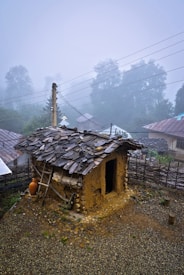 A small rustic hut with a stone and mud structure, topped with a wooden shingle roof. It is situated in a foggy environment, surrounded by a gravel path and a rustic woven fence. An earthen pot and a wooden ladder lean against the wall of the hut, and several other modest buildings are visible in the misty background.