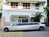 A long white limousine is parked on the street in front of a building with a green-tiled roof. The building has a sign that reads 'Louis Dreyfus Armateurs' and features a mix of brick and white plaster walls. Several green trash bins are visible on the right side of the image, alongside some palm trees and other plants.