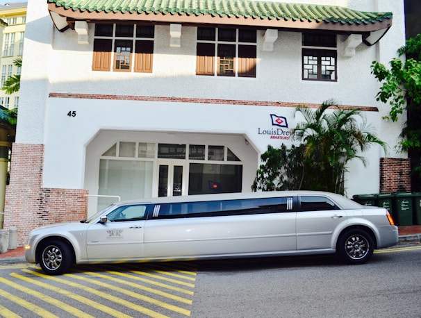 A long white limousine is parked on the street in front of a building with a green-tiled roof. The building has a sign that reads 'Louis Dreyfus Armateurs' and features a mix of brick and white plaster walls. Several green trash bins are visible on the right side of the image, alongside some palm trees and other plants.