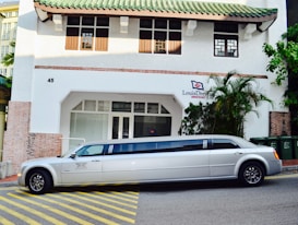 A long white limousine is parked on the street in front of a building with a green-tiled roof. The building has a sign that reads 'Louis Dreyfus Armateurs' and features a mix of brick and white plaster walls. Several green trash bins are visible on the right side of the image, alongside some palm trees and other plants.