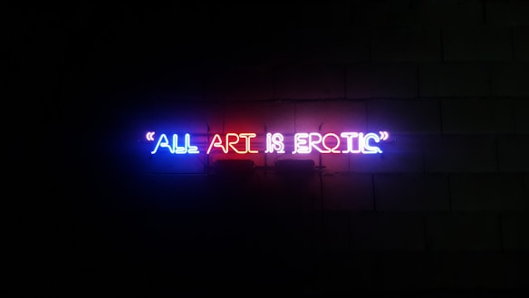 A neon sign on a dark wall displaying the phrase 'ALL ART IS EROTIC' with glowing letters in blue, red, and white tones.