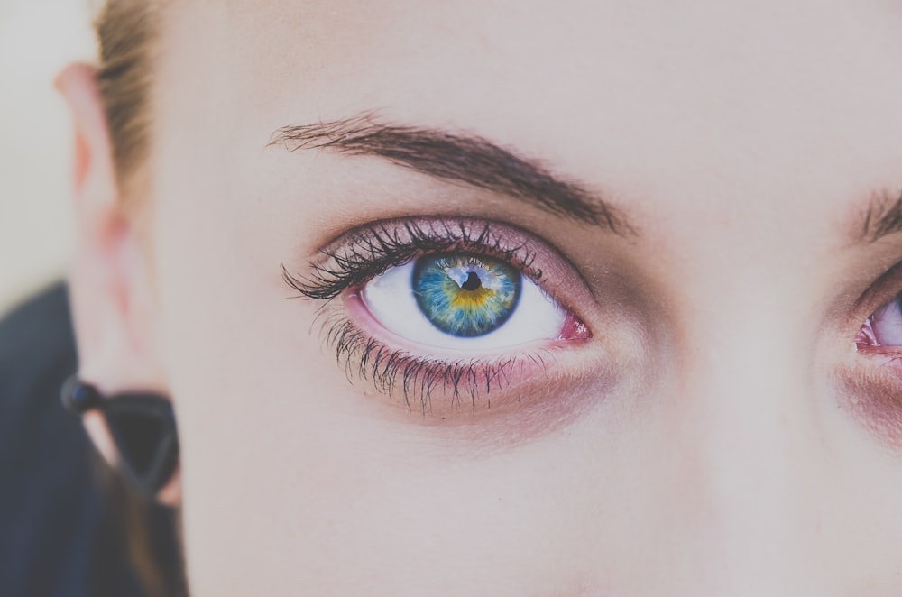 close up photography of woman's right eye