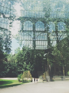 An artistic composition featuring a blend of a glass structure and lush greenery. The image captures the reflection of large arched windows overlaid with the vibrant foliage of trees. In the lower portion, three individuals walk along a pathway surrounded by natural scenery.