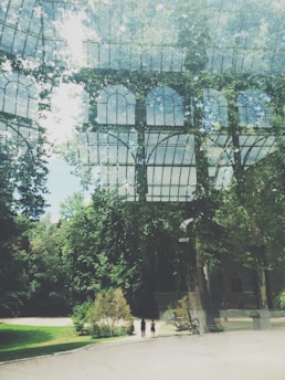 An artistic composition featuring a blend of a glass structure and lush greenery. The image captures the reflection of large arched windows overlaid with the vibrant foliage of trees. In the lower portion, three individuals walk along a pathway surrounded by natural scenery.