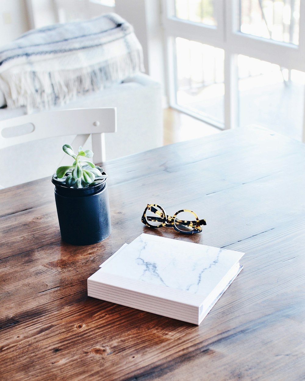 Livro encadernado ao lado de óculos e planta suculenta na mesa dentro da sala
