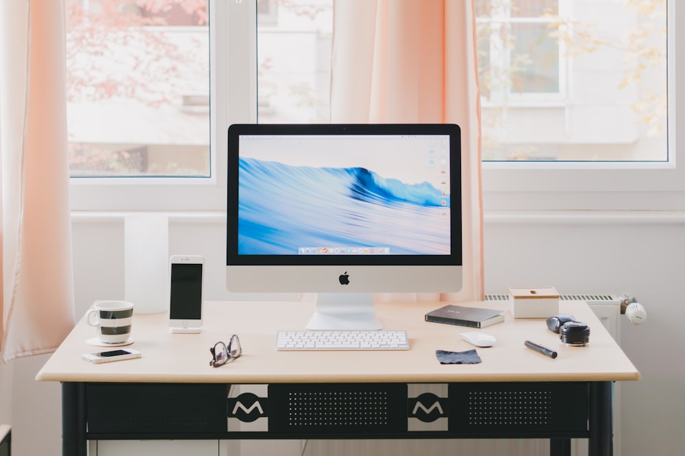 Apple Imac On Wooden Desk Near Window Photo Free Work Image On