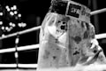 A pair of boxing shorts with visible logos and patterns, standing in the foreground with blurred ring ropes and lights in the background.