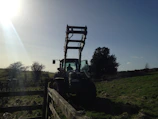 A rugged tractor clearing a wooded lot under a bright sky.