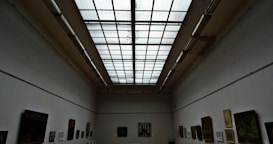A spacious art gallery with a high ceiling features large rectangular skylights. The walls are lined with various paintings and artworks, each framed and hung neatly. The atmosphere is quiet and contemplative, with a focus on the displayed art.