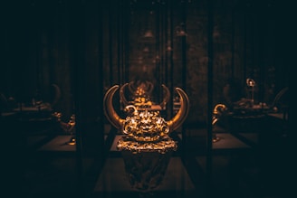 An evocative image of Viking artifacts carefully arranged in the local museum, illuminated by soft lighting.