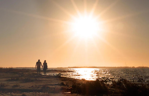 A cinematic shot of a couple walking hand in hand along a sandy beach at golden hour.