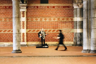 A musician stands under a decorated brick archway, playing a guitar. The blurred figure of a pedestrian is captured walking past the musician, adding a sense of motion to the scene. The background features an ornate brick and stone wall with inscriptions.