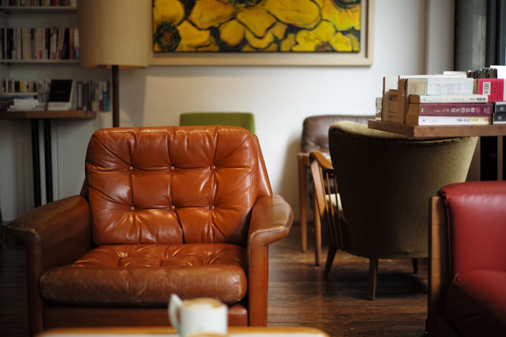 tufted brown leather armchair