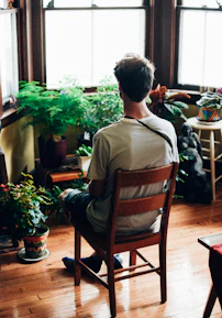 A counselor gently listening to a person in a cozy, welcoming office space filled with plants.