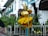 A street performer is dressed in a vibrant yellow costume with a metallic mask, sitting cross-legged on a pole above ground, giving an impression of levitation. The performer is surrounded by a railing and lush green plants in a lively outdoor setting. In the background, there is a white building with green shutters and signage pointing to museums.