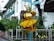 A street performer is dressed in a vibrant yellow costume with a metallic mask, sitting cross-legged on a pole above ground, giving an impression of levitation. The performer is surrounded by a railing and lush green plants in a lively outdoor setting. In the background, there is a white building with green shutters and signage pointing to museums.