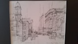 Detailed pencil sketch of a city street corner bustling with life.