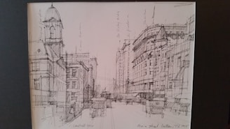 Snapshot of a hand-drawn sketch of a cityscape with intricate details