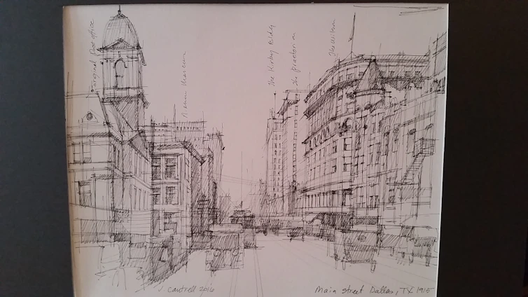 A detailed pencil sketch of a modern architectural facade with hand-drawn annotations and subtle shading.
