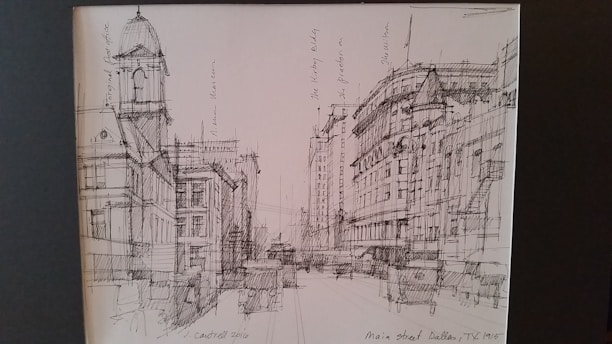 A detailed pen sketch depicting an urban street scene with historic buildings on both sides. The architecture features intricate designs and tall structures, with annotations labeling specific buildings. Vehicles are present on the street, suggesting a busy city environment.