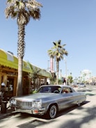 A classic silver car is parked on a sunny street lined with tall palm trees. There is a yellow awning in front of a shop or cafe, and a sign reading 'Liquor' can be seen in the background. The atmosphere is relaxed and evokes a vintage, Californian vibe.