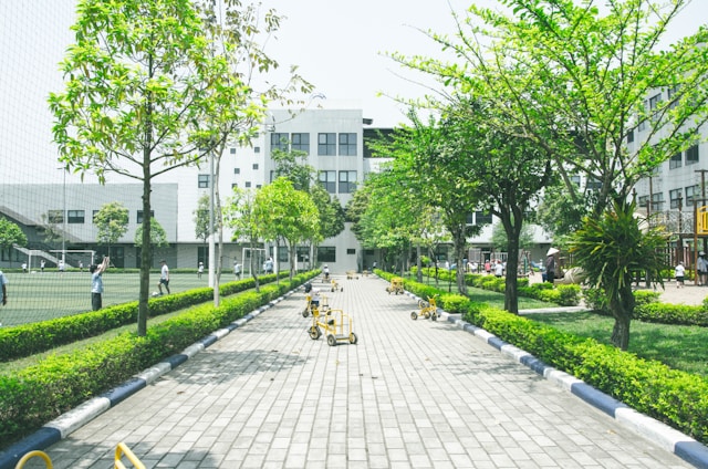 A bright, modern educational space with children engaging in outdoor learning activities surrounded by greenery.