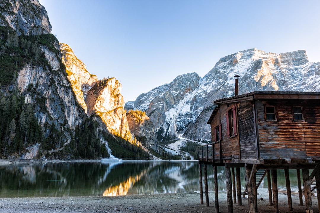 brown cabin beside lake