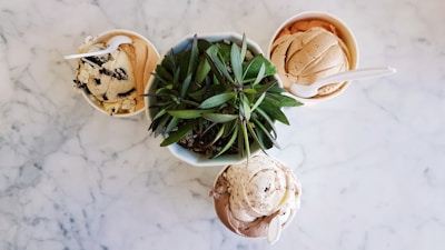 Three cups of ice cream with various flavors are arranged around a potted plant. The ice creams include cookies and cream, caramel, and another mixed flavor. They are set against a marble countertop.