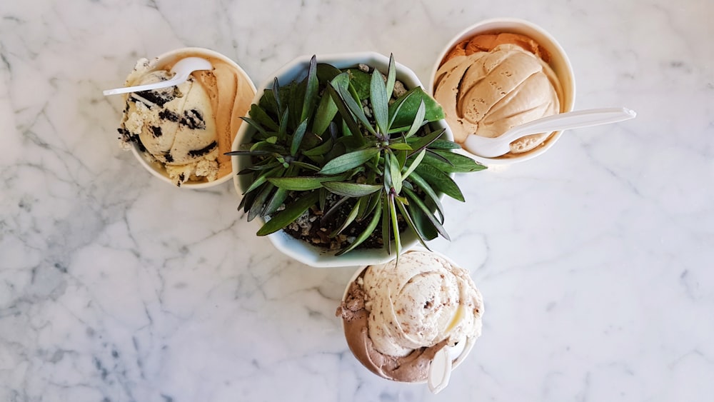 Fotografia piatta di coppe di gelato accanto alla pianta in vaso