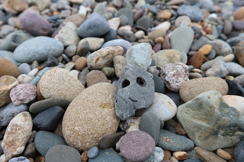 A collection of smooth, multicolored pebbles scattered closely together. One particular stone in the center has a face-like appearance with two holes resembling eyes and a line resembling a smile.