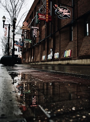 A dimly lit urban alley with rain-slicked pavement reflecting neon signs.