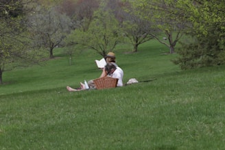 A romantic scene depicting a couple reading together in a park.