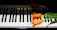 A piano keyboard with the brand name 'Hobart M. Cable' is adorned by vibrant orange tulips placed on the keys, creating a striking contrast between the dark and light elements.